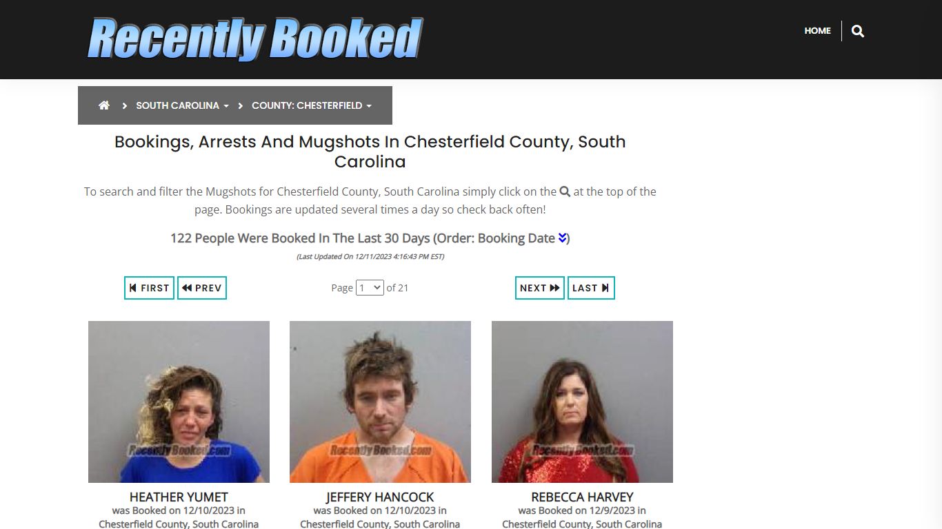 Recent bookings, Arrests, Mugshots in Chesterfield County, South Carolina