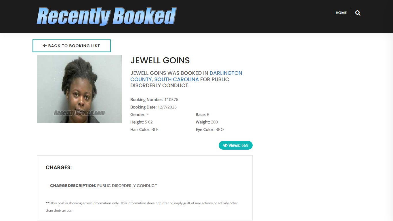 Recent Booking / Mugshot for JEWELL GOINS in Darlington County, South ...