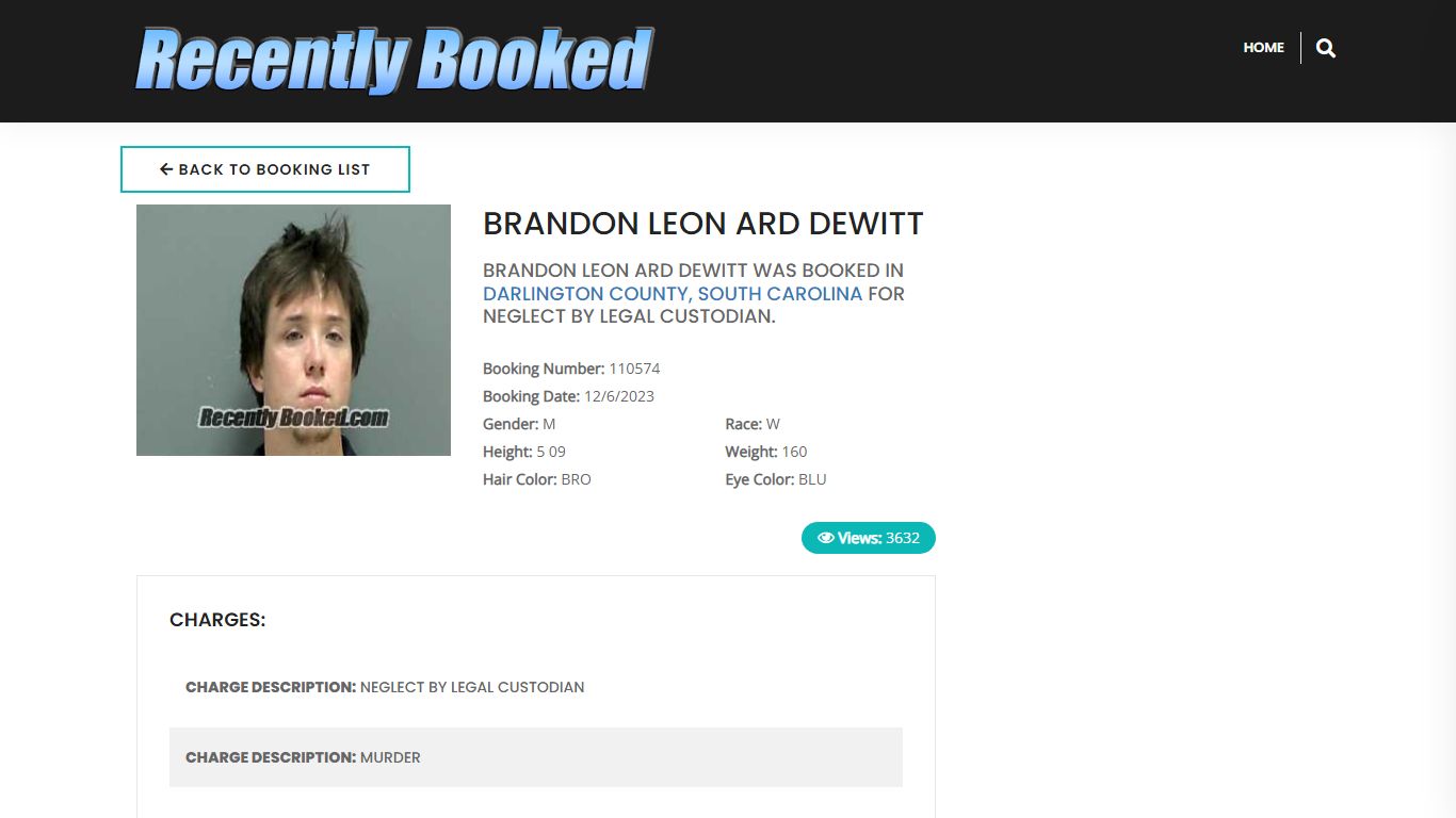 Recent Booking / Mugshot for BRANDON LEON ARD DEWITT in Darlington ...